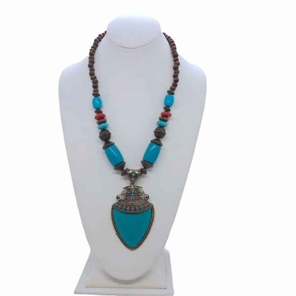 Summer Bohemian Statement Turquoise Wood Necklace - Picture 12 of 16